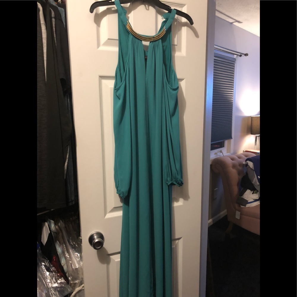 Bcbg teal gold off the shoulder dress